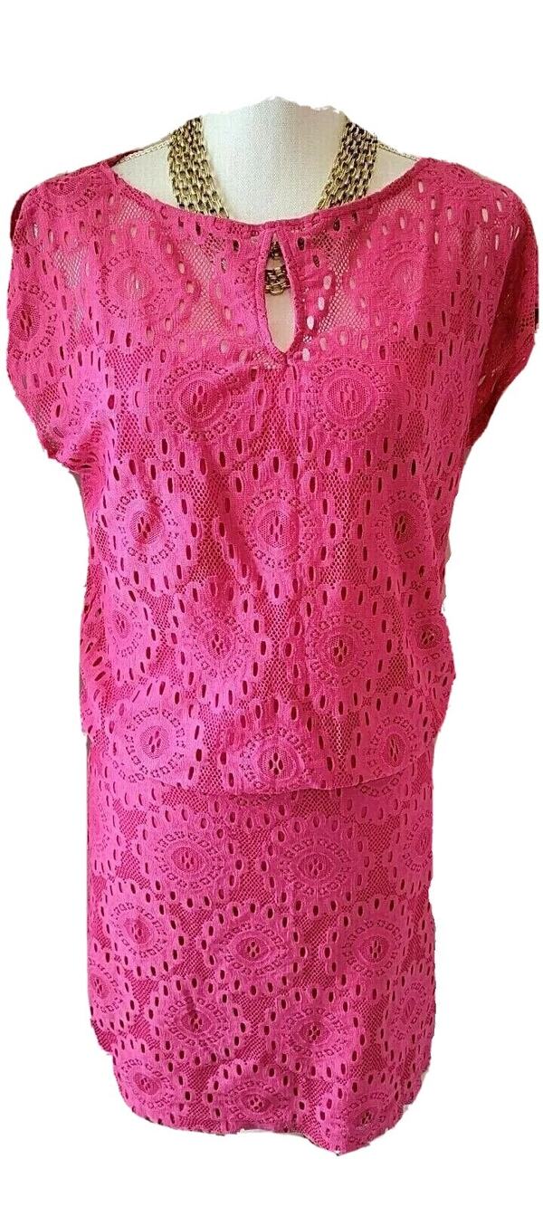Laundry by Shelli Segal Electric Pink Embroidered Bodice Layered Look Dress S